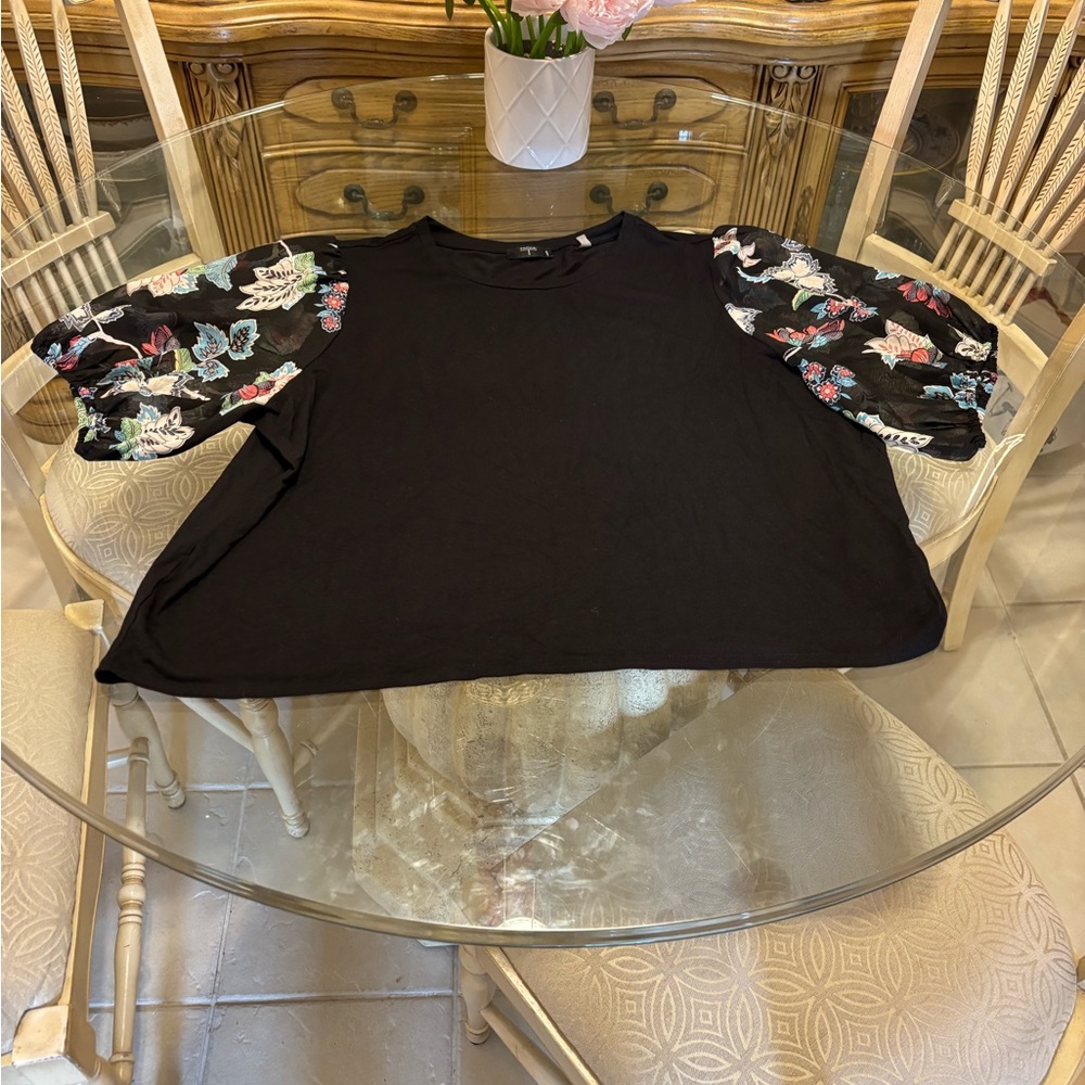 Floral Sleeve Black Top